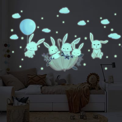 Lichtgevende sticker - KONIJNEN IN DE LUCHT - Fluorescerende muur-/plafondsticker voor kinderen - 110x70cm