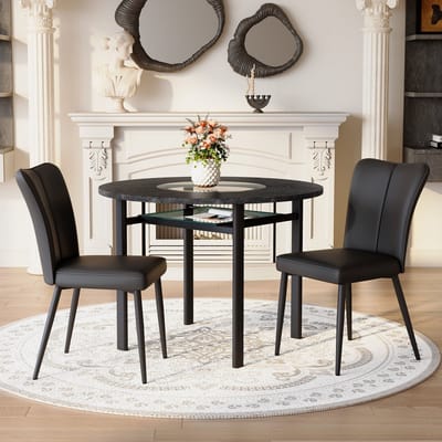 Moderne minimalistische ronde tafelset (met 2 zwarte fauteuils van PU-materiaal en zwarte metalen poten), ronde tafel met een diameter van 100 cm in zwart houtlook, geschikt voor de woonkamer etc.