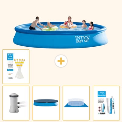 Intex Rond Opblaasbaar Easy Set Zwembad - 457 x 84 cm - Blauw - Inclusief Pomp - Afdekzeil - Grondzeil - Reparatiesetje - Testrips - 6-delig