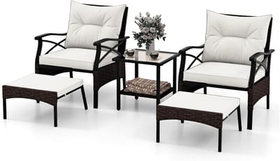 KOMFOTTEU Tuinmeubelset van PE-rotan, 5-delig, 2 stoelen met kussens en 2 voetsteunen, salontafel van glas met een plank, stoel, voor terras, patio