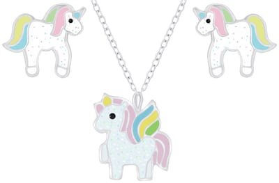 Joy|S - Zilveren eenhoorn unicorn hanger met ketting en oorbellen set - voor kinderen
