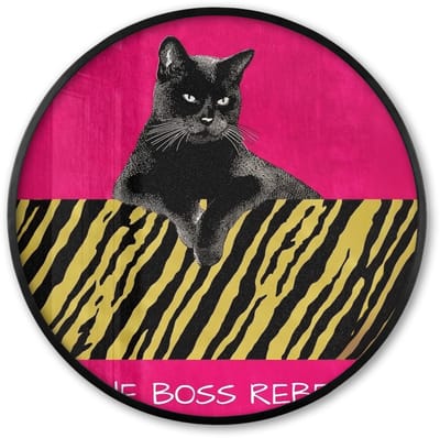 Poster in lijst Rond - Fotolijst 60x60 cm - Posters - Kat - Baas - Roze - Tijgerprint - Ronde posterlijst zwart - Decoratie - Wanddecoratie woonkamer - Muurdecoratie slaapkamer