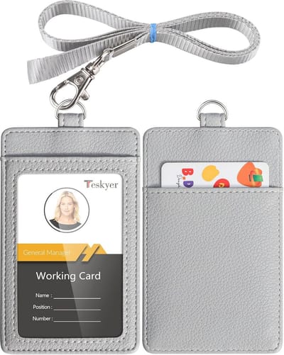 Kaart Houder met Lanyard en Transparante Venster - ID Badge Houder voor 2 Kaarten - PU Leer Lichtgrijs