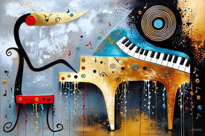 John Joseb Art (Aluminium) 120x80 | Piano met pianist, artistiek, abstract, muziek, kunst, Salvador Dali stijl | muziekinstrument, goud, rood, bruin, blauw, modern | foto-schilderij op dibond, metaal wanddecoratie
