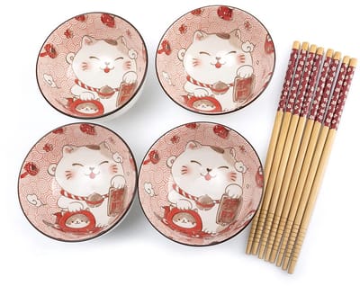 lachineuse - Set van 4 Maneki Neko kommen - Rijstkommen, Ontbijt & Soep - Japans porseleinen servies - Met eetstokjes - Geluksbrenger kat - Japans Kawaii Japan cadeau - Wit & Rood