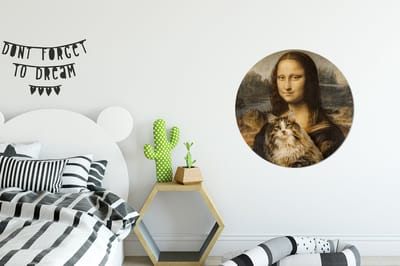 WallCircle® - Behangcirkel 80x80 cm - Muurstickers Mona Lisa - Kat - Leonardo da Vinci - Vintage - Kunstwerk - Oude meesters - Schilderij - Muurcirkel woonkamer - Wandcirkel slaapkamer - Kamer decoratie zelfklevend - Muurdecoratie accessoires