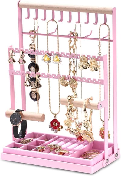Famanu - Sieradenstandaard, sieradenhouder, kettinghouder van hout en metaal, sieradenkettingorganizer, standaard met uitneembare opbergbasis, voor halskettingen, armbanden, oorbellen, ringen, cadeau-idee