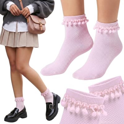 Dameskousen met pompons, hoge roze kousen 37-42
