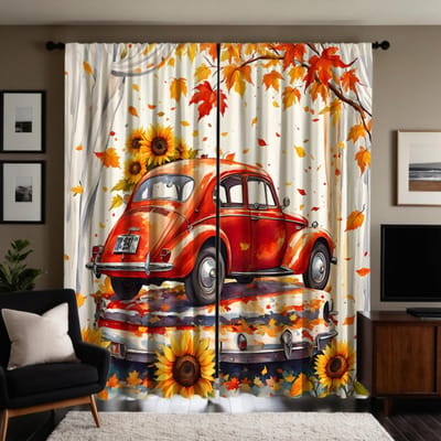 2 pièces HD Automne Érable camionnette rideau décoratif Jaune cravate rideau imprimé numérique Style décoration maison Décoration livi W52H63inchW132H160cm white