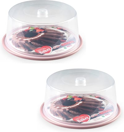 Plasticforte Taart doos - 2x stuks - roze bodem - rond - 32 x 15 cm - gebak bewaardoos