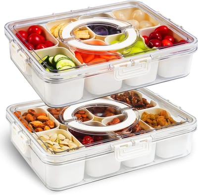 Snackbox Met Compartimenten – Set van 2, Met Deksel, Kruiden & Snack Schalen, Opbergbak voor Snoep, Groente, Koekjes, Noten & Desserts - 28x21x6.5cm