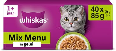 Whiskas 'Mixed Menu' nat kattenvoer in gelei - rund, kip, zalm & tonijn - 40 x 85g