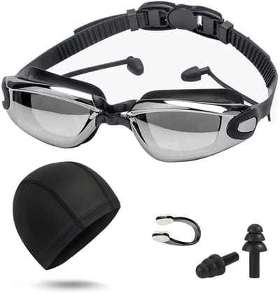 Volwassen Zwembril met Anti-Fog, UV-Bescherming, Oordoppen, Zwemcap en Neusklem voor Optimaal Zwemcomfort