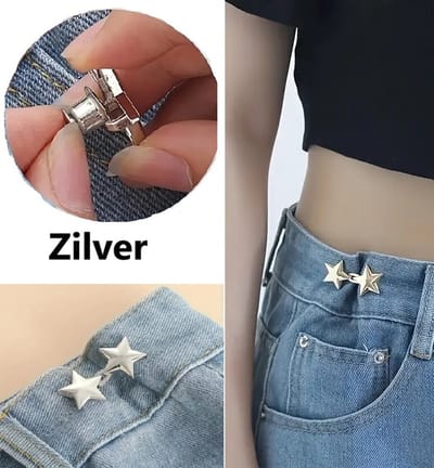 Stervormige Spijkerbroek Verkortknopen I Spijkerbroek Taille Verkleiner I Taille Gesp I Verstelknoop Broek I Universeel I 4,5 CM I 1 Set I Zilver