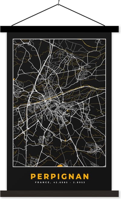 Posterhanger incl. Poster 40x60 cm - Schoolplaat - Kaart – Stadskaart – Frankrijk – Plattegrond - Perpignan - Textielposter - Zwarte latten - Stadskaart