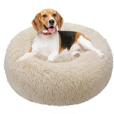 Kattenbed, hondenbed, donut huisdierenbed, ronde warme knuffelkennel zachte puppybank, kattenkussen, bed slaapzak en verbeterde slaap, 60 cm, beige