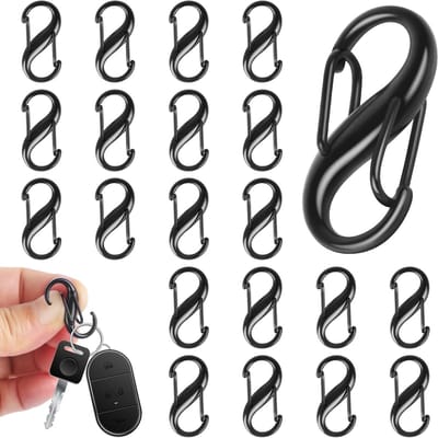 SnelShoppen - Pack van 20 S Carabiner Haken, Kleine Metaal Dubbele Carabiner Haken, Zwart, 8-Vorm, 2 Openingen, 25 mm voor Outdoor Activiteiten, Hikin