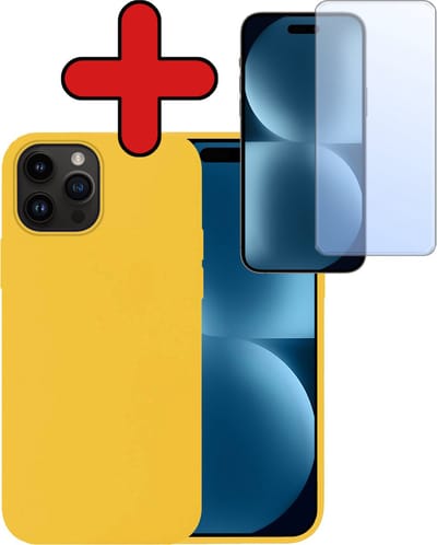 Hoesje - Met Screenprotector - Geschikt voor Apple iPhone 15 Pro - Sterk & Shockproof - Telefoon Hoes - Back Cover - Siliconen Case - Telefoonhoes - Geel
