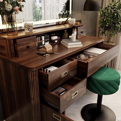Kaptafel Neria - Make-up tafel Schminktafel - Make-up aanbrengen - Geïntegreerde LED-spiegel - 120 cm breed - Eiken rustiek