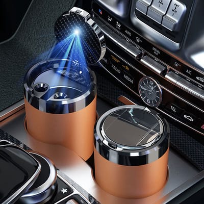 Auto Asbak met LED - Rookbestendig - Geurafsluitend - 1-Seconden Openen - Voor Autohouder -9.7*7.5cm-Oranje, keramische binnenvoering
