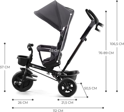 driewieler van 9 maanden tot 25 kg, kinderdriewieler met duwstang, compact opvouwbaar, draaibare zitting, uitklapbare hoes met zonwering, bekerhoudermand in set, grijs