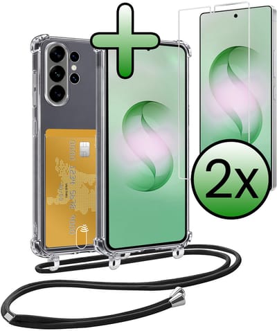 Hoes Geschikt voor Samsung S26 Ultra Hoesje Pas Houder Shock Proof Case Hoes Met Koord Met 2x Screenprotector - Hoesje Geschikt voor Samsung Galaxy S26 Ultra Hoes Met Telefoonkoord Pasjeshouder Cover - Transparant