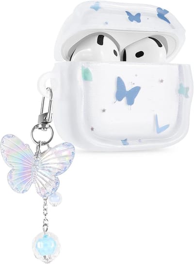 Ultra Dun TPU Beschermcase voor AirPods 4e Generatie 2024 met Sleutelhanger, Blauwe Vlinderprint, Schokbestendig en Antislip, Stofafstotend en Geurvrij