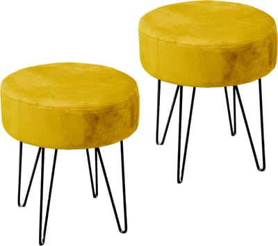 Unique Living - 2x - velvet kruk Davy - oker geel - metaal/stof - D35 x H40 cm
