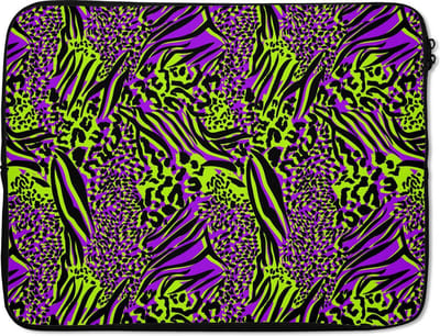 Laptophoes 15.6 inch - Dierenprint - Patronen - Neon - Paars - Laptop sleeve - Binnenmaat 37x26 cm - Zwarte achterkant