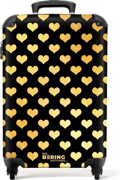 NoBoringSuitcases.com® - Handbagage koffer lichtgewicht - Reiskoffer trolley - Gouden hartjes op zwarte achtergrond - Rolkoffer met wieltjes - Past binnen 55x40x20 en 55x35x25