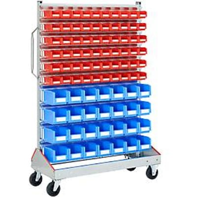 Trolley v. magazijnbakken, enkelzijdig, b 1130 x d 510 x h 1705 mm, 60 x 0,7 l rood, 28 x 7,5 l blauw