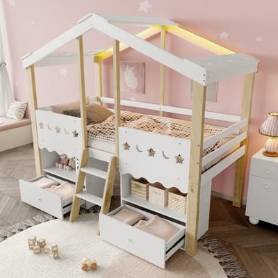 DESMIU Halfhoog Bed 90x200cm Huisvormig Kinderbed Met Verlichting En Opbergruimte Zonder Matras Kiezelhout Wit Natuur