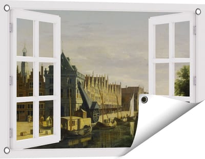 Gards Tuinposter Doorkijk De Waag en de Kraan aan het Spaarne te Haarlem - Gerrit Adriaensz Berckheyde - 60x40 cm - Tuindoek - Tuindecoratie - Wanddecoratie buiten - Tuinschilderij