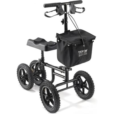 VEVOR Knie Scooter Knie Walker van koolstofstaal met in hoogte verstelbaar stuur en kniebeschermer 30 cm terreinwiel dubbele remmen, beenrevalidatie scooter voor geblesseerde enkels voeten en knieën 160 kg
