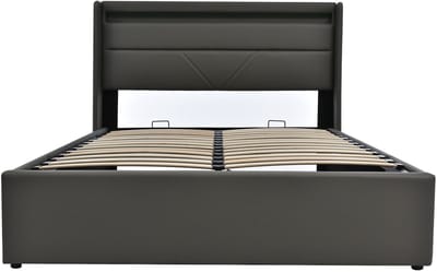 Hydraulisch opbergbed met LED-lichtstrip, tweepersoonsbedframe, gestoffeerd bed, 140x200 cm, functioneel bed, grijs (inclusief matras).