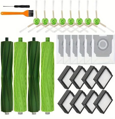 stofzuiger accessoireset XXXL geschikt voor iRobot i3, i3+, i7, i7+, i4, i6, i6+, i8, i8+, E5, E6, E7, (niet j7 , j7+), borstelaccessoires geschikt voor iRobot Roomba, 2 sets rubberen borstels,8 filters, 8 zijborstels, 6 Stofzuigerzakken