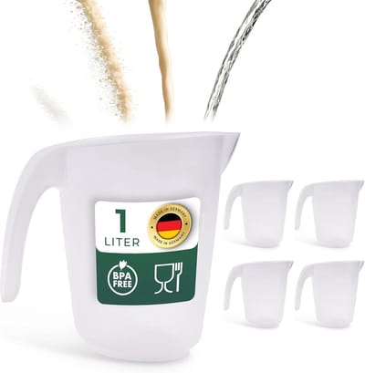 Novaliv set van 5 maatbekers 1L, maatbeker 1000ml set transparant met duidelijke g/ml schaalverdeling voor vloeistoffen bloem & suiker, Made in Germany, vaatwasserbestendig, mengkom maatbeker keuken liter