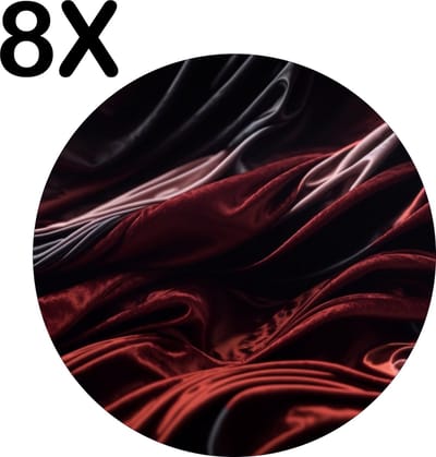 Luxe Ronde Placemat - Abstract - Golvend - Zijde - Zwart - Rood - Set van 8 Placemats - 40x40 cm - 2 mm dik Vinyl - Anti Slip - Afneembaar