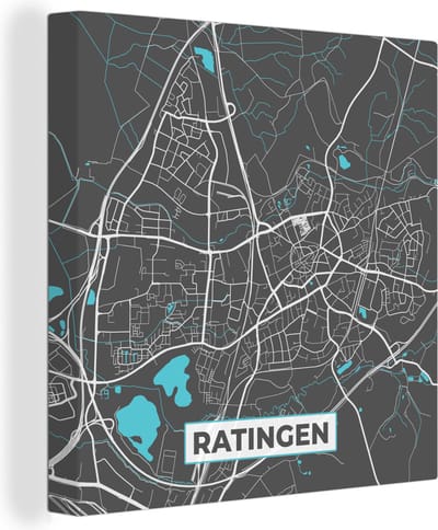 Canvas Schilderij Stadskaart – Plattegrond – Duitsland – Blauw – Ratingen – Kaart - 20x20 cm - Wanddecoratie