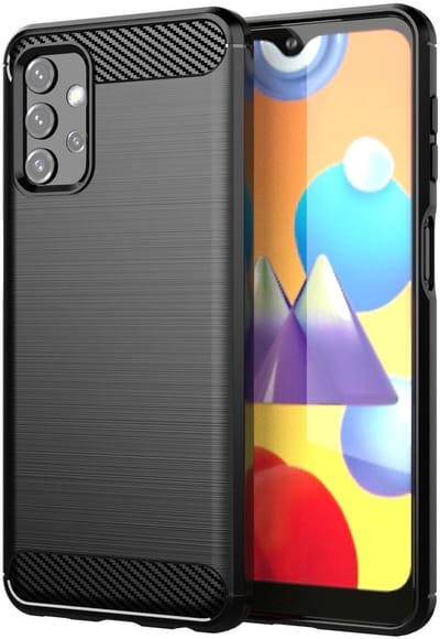 Cadorabo Hoesje geschikt voor Samsung Galaxy A32 5G in Brushed Zwart - Beschermhoes van flexibel TPU siliconen in roestvrij staal-carbonvezel look Case Cover