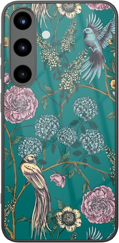 Hoesje geschikt voor Samsung Galaxy S25 - Vogels Japanse bloemen - Hard Case Zwart Back Cover - Print - Groen - Mooie Telefoonhoesjes