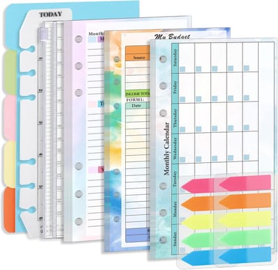 KZQ Herbruikbare Maand- en Weekplanner Vullingen met Budgetpapier voor A6 Ringbandomslag, 6-Rings Planner Accessoire, Geldorganizer voor Contant Geld, Meerkleurig