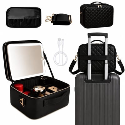 Luxe Beautycase Tas met Spiegel & LED Verlichting – Perfecte Make-up Koffer Organizer voor Dames - Zwart- Trolley Reis Set