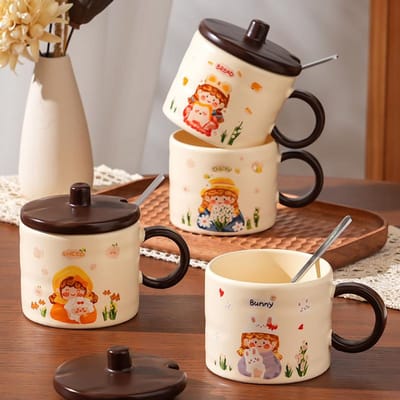 Meisje Keramische Kopje Pastorale Stijl Lepel Mok Huishoudset Klein Cadeau Waterbeker Schattig Meisje Kopje 350ML black