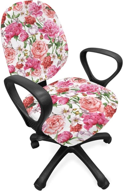 ABAKUHAUS Shabby Chic bureaustoel met overtrek, lente tuinrozen, decoratieve beschermhoes gemaakt van stretchstof, lichtroze roze