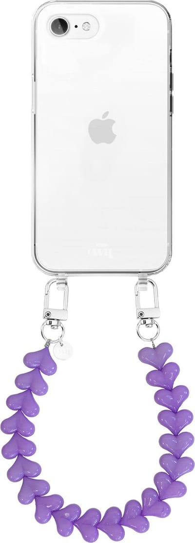 xoxo Wildhearts siliconen hoesje - Geschikt voor iPhone 7/8 Plus hoesje - Funky Hearts - Telefoonhoesje - Hoesje met koord - Paars koord - kort telefoonkoord - Hartjes ketting - Transparant hoesje