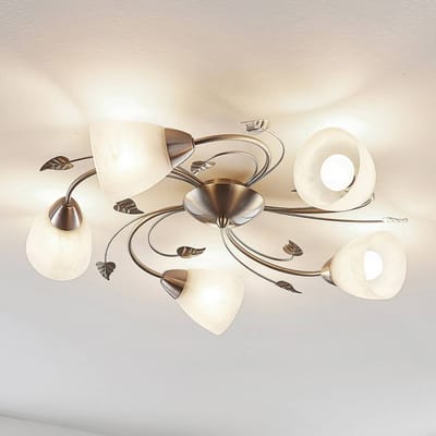 Lindby - plafondlamp - 5lichts - Metaal, glas - H: 15 cm - E14 - nikkel, wit