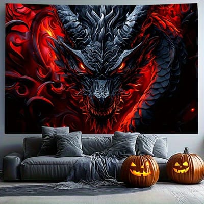 Vurig Draak Wandkleed, Duister Fantasie Monster met Gloeiende Ogen, Halloween Horror Wanddecoratie voor Slaapkamer Woonkamer Decor 70x100cm28x39in red