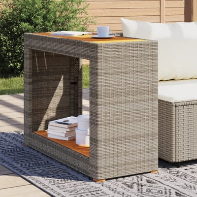 vidaXL - Tuinbijzettafel - met - houten - blad - 100x40x75 - cm - poly - rattan - grijs