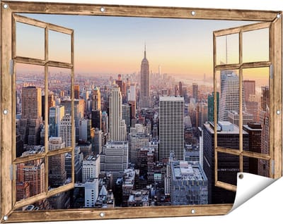 Gards Tuinposter Doorkijk New York Skyline met Wolkenkrabbers - 120x80 cm - Tuindoek - Tuindecoratie - Wanddecoratie buiten - Tuinschilderij